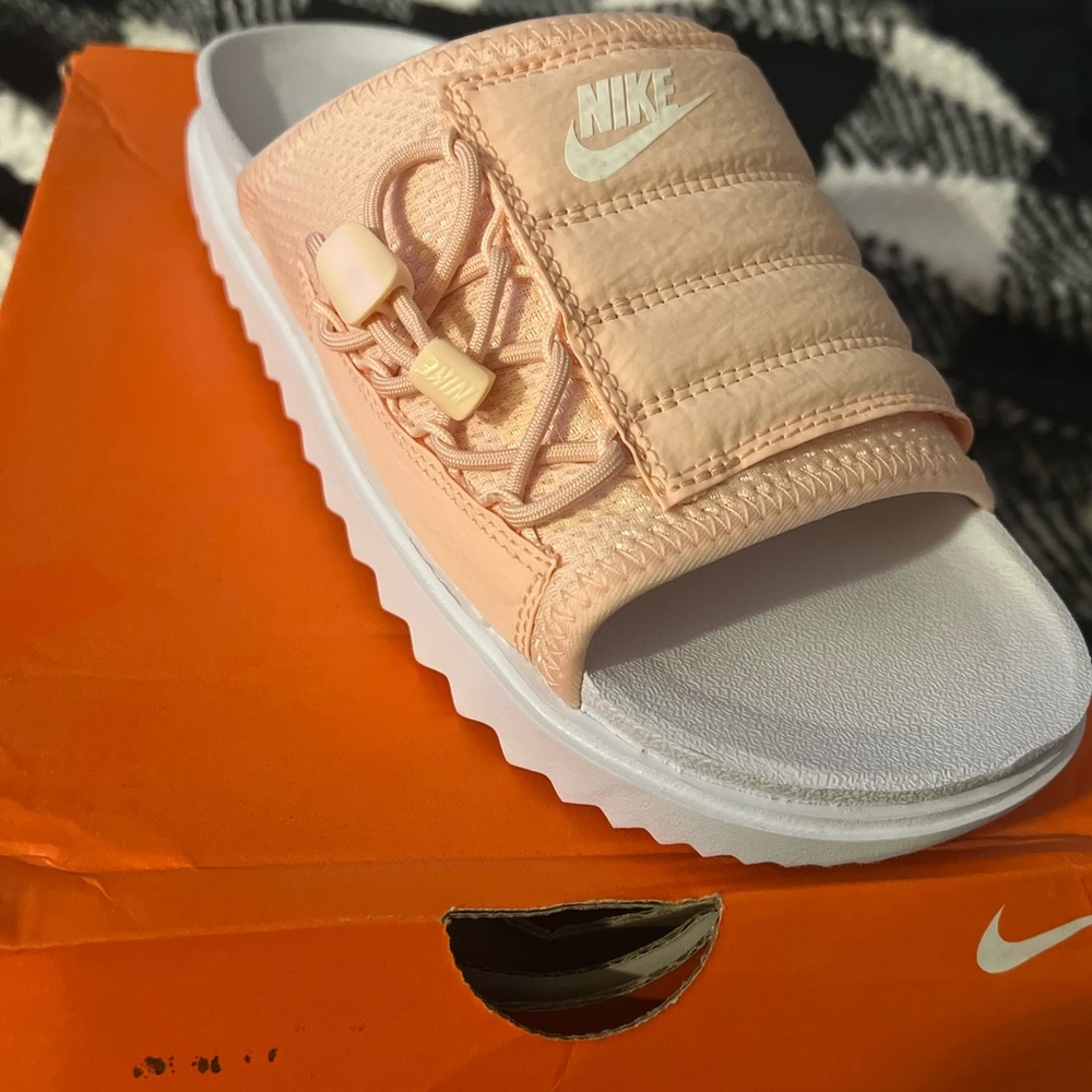 Pink & White Nike slides
